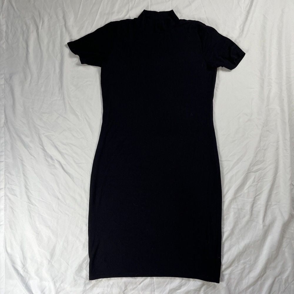 Magaschoni Mock Turtleneck Ribbed Dress Navy Blue Size Medium 96% Micromodal
